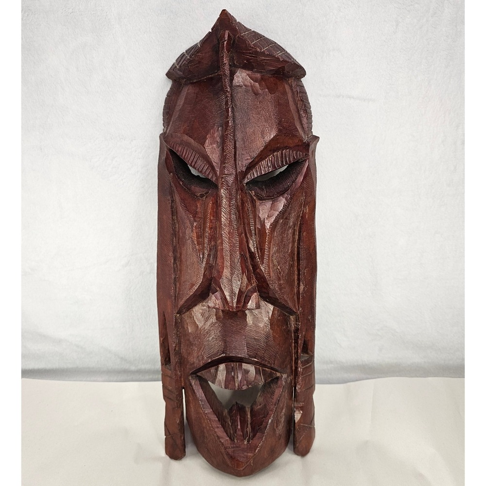 Vintage Tribal Mask Wall Art Wood Carved Decorative Hanging Sculpture 18x6